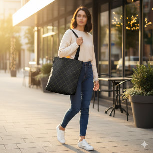 Elegant Metallic Gold Box Stripe Black Tote Bag