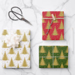Elegant Metallic Gold Christmas Trees Pattern Wrapping Paper Sheet<br><div class="desc">This unique,  modern,  hand drawn,  cute design features Christmas trees in faux yellow gold colour on white,  green and red backgrounds. This set of wrapping gift paper is an excellent addition to your winter holidays celebration.</div>