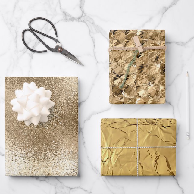 Elegant Metallic Gold Glitter Foil Christmas  Wrapping Paper Sheet (Front)