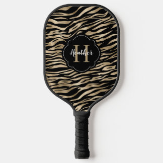 Elegant Metallic Gold Zebra Animal Print Monogram Pickleball Paddle