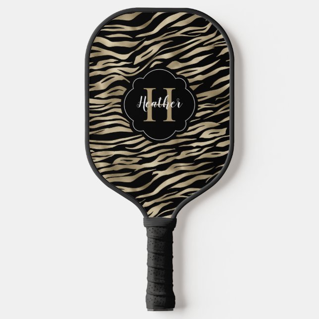 Elegant Metallic Gold Zebra Animal Print Monogram Pickleball Paddle (Front)