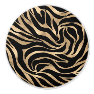 Elegant Metallic Gold Zebra Black Animal Print Ceramic Knob