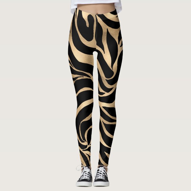 Elegant Metallic Gold Zebra Black Animal Print Leggings (Front)