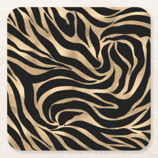 Elegant Metallic Gold Zebra Black Animal Print Square Paper Coaster