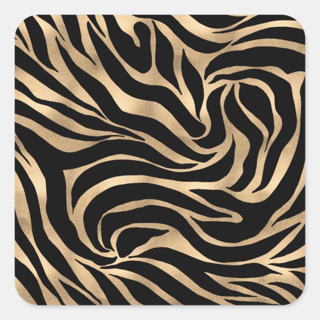 Elegant Metallic Gold Zebra Black Animal Print Square Sticker (Front)