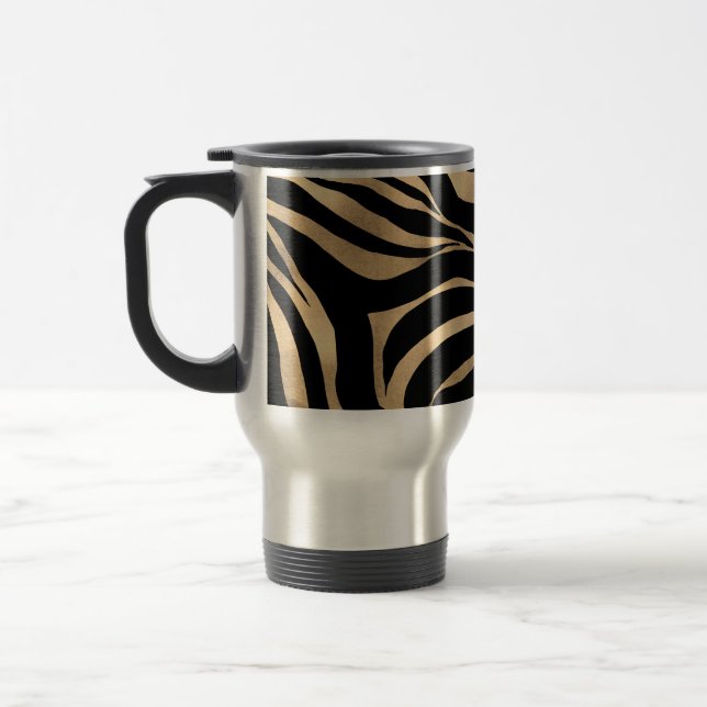 Elegant Metallic Gold Zebra Black Animal Print Travel Mug (Left)