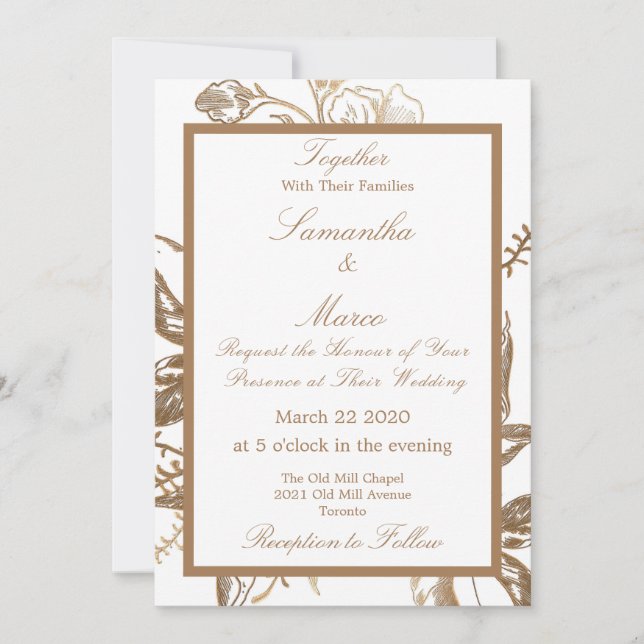 Elegant Metallic Golden Floral White Wedding Invitation (Front)