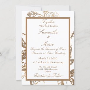 Elegant Metallic Golden Floral White Wedding Invitation