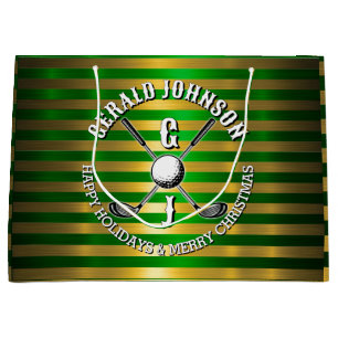 Elegant Metallic Green-Gold Golf Monogram Large Gi Large Gift Bag
