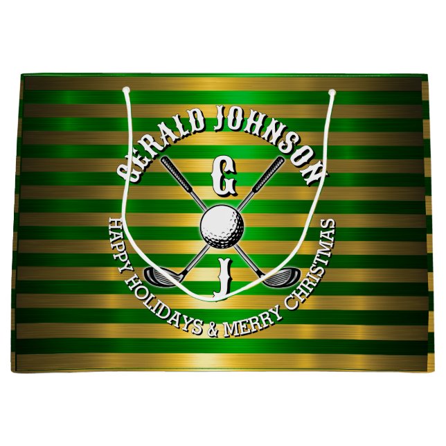 Elegant Metallic Green-Gold Golf Monogram Large Gi Large Gift Bag (Front)