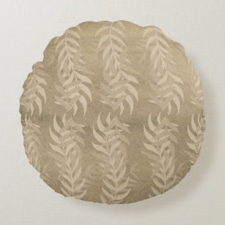Elegant Metallic Light Brown Leaf Pattern – Nature Round Cushion