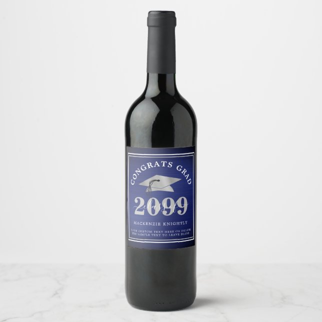Elegant Metallic Navy Blue Silver Graduation Class Wine Label (Front)