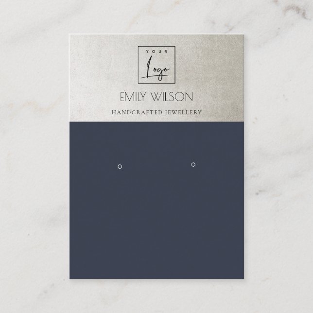 ELEGANT METALLIC NAVY SILVER LOGO EARRING DISPLAY BUSINESS CARD (Front)