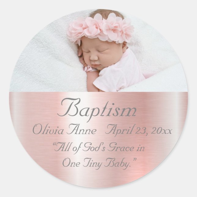 Elegant Metallic Pink Photo Baby Girl Baptism Classic Round Sticker (Front)
