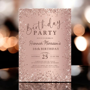 Elegant Metallic Rose Gold Glitter 16th Birthday Invitation