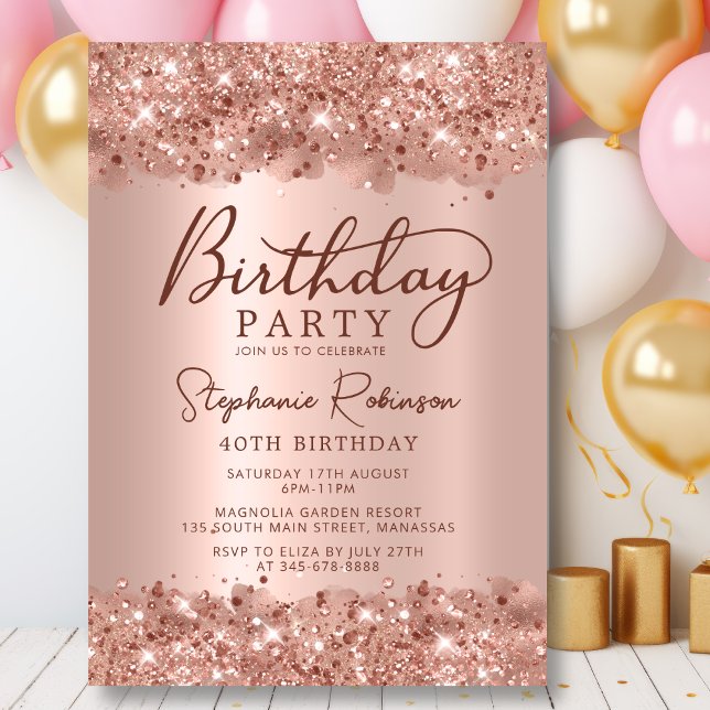 Elegant Metallic Rose Gold Glitter 40th Birthday Invitation (Creator Uploaded)