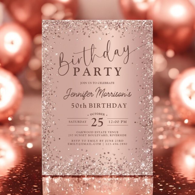 Elegant Metallic Rose Gold Glitter 50th Birthday  Invitation (Creator Uploaded)