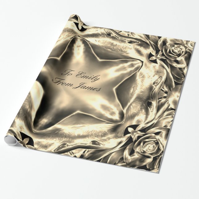 Elegant Metallic Silver Gold Look Christmas Star Wrapping Paper (Unrolled)