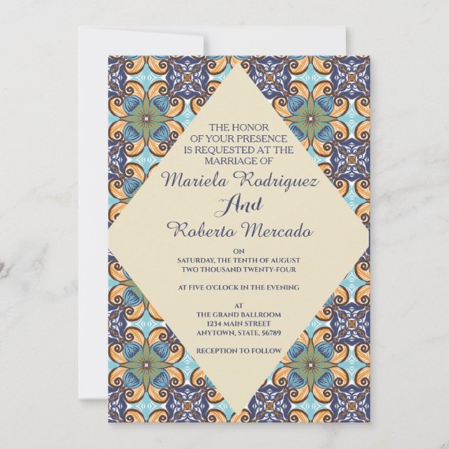 Elegant Mexican Floral Talavera Diamond  Wedding  Invitation (Front)