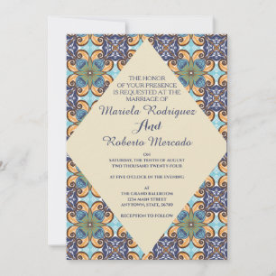 Elegant Mexican Floral Talavera Diamond Wedding Invitation