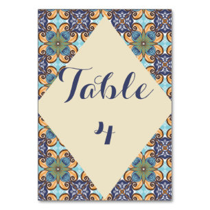 Elegant Mexican Floral Talavera Diamond  Wedding  Table Number