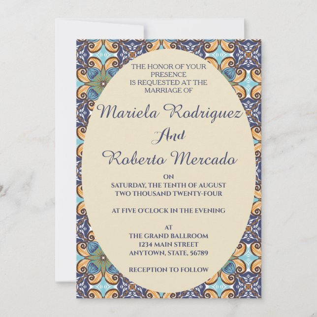 Elegant Mexican Floral Talavera Oval Wedding  Invitation (Front)