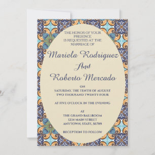 Elegant Mexican Floral Talavera Oval Wedding Invitation