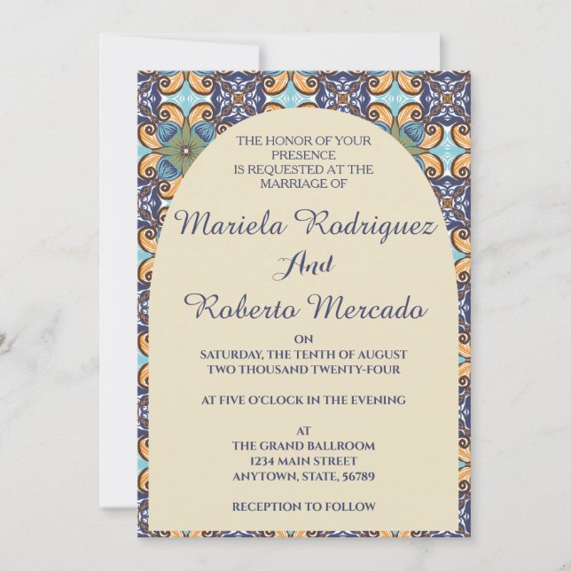 Elegant Mexican Floral Talavera Tile Wedding  Invitation (Front)