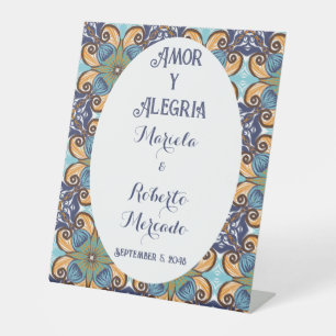 Elegant Mexican Floral Talavera Wedding Backdrop Pedestal Sign