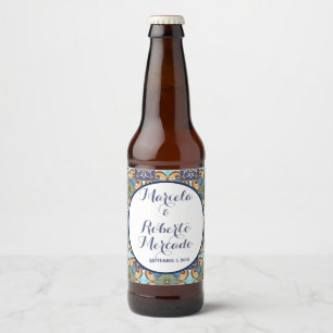 Elegant Mexican Floral Talavera Wedding Beer Bottle Label