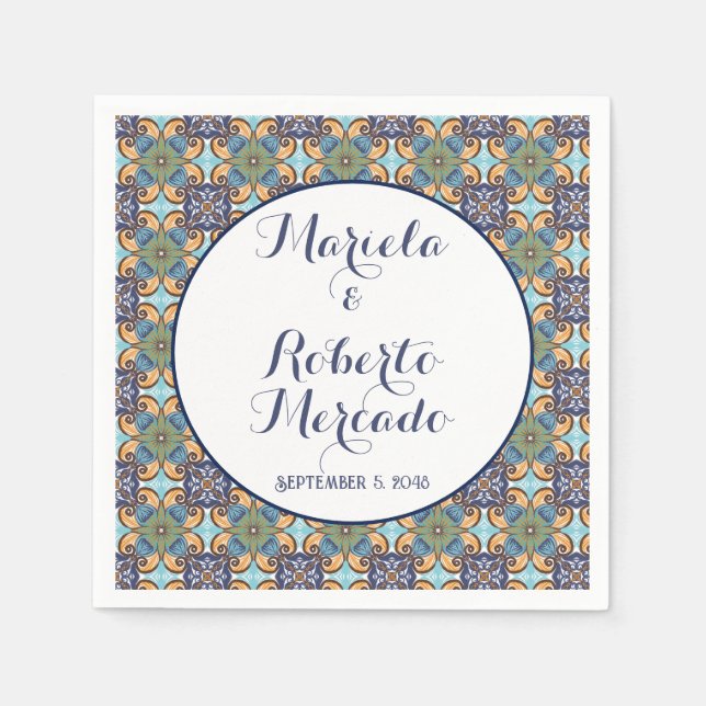 Elegant Mexican Floral Talavera Wedding  Napkin (Front)