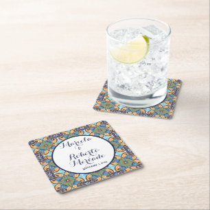Elegant Mexican Floral Talavera Wedding Square Paper Coaster