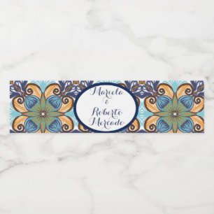 Elegant Mexican Floral Talavera Wedding Water Bottle Label