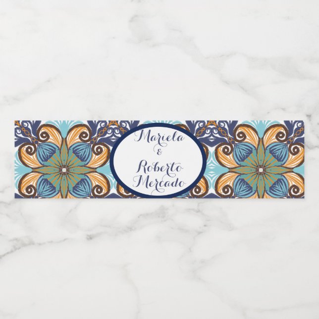 Elegant Mexican Floral Talavera Wedding  Water Bottle Label (Single Label)