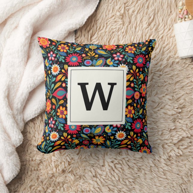 Elegant Mexican Folk Monogrammed Throw Pillow (Blanket)
