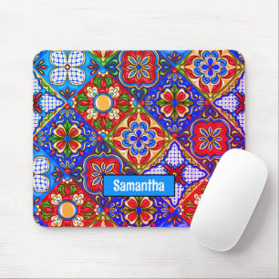 Elegant Mexican talavera red blue purple tiles Mouse Mat