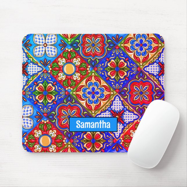Elegant Mexican talavera red blue purple tiles Mouse Mat (With Mouse)