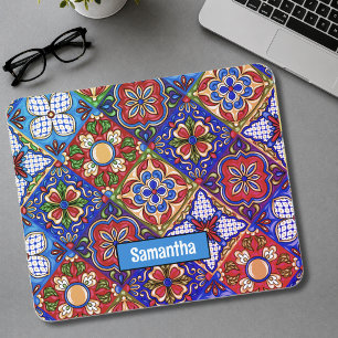 Elegant Mexican talavera red blue purple tiles Mouse Mat