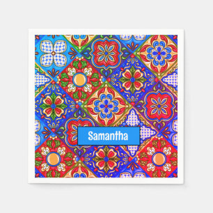Elegant Mexican talavera red blue purple tiles Napkin