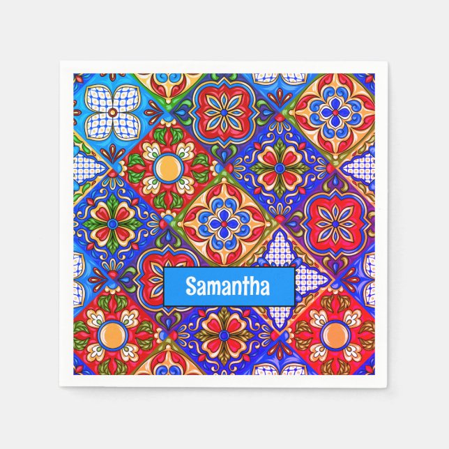 Elegant Mexican talavera red blue purple tiles Napkin (Front)