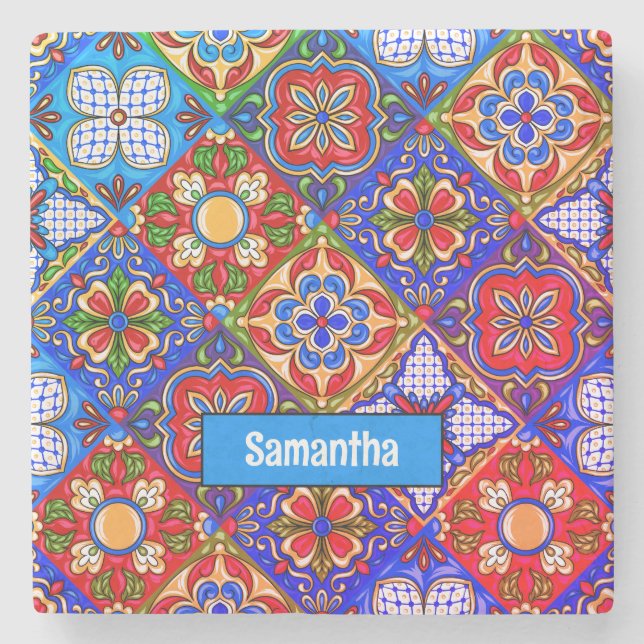 Elegant Mexican talavera red blue purple tiles Stone Coaster (Front)