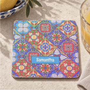 Elegant Mexican talavera red blue purple tiles Stone Coaster