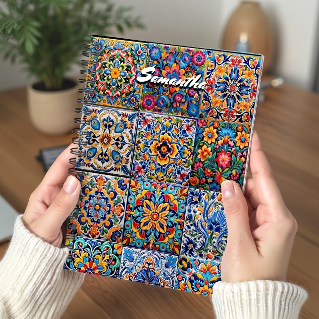 Elegant Mexican Talavera Red Yellow Tile Monogram Notebook (Creator Uploaded)