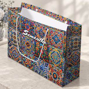Elegant Mexican talavera red yellow tiles Large Gift Bag