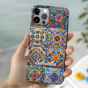 Elegant Mexican talavera red yellow tiles monogram iPhone 15 Case