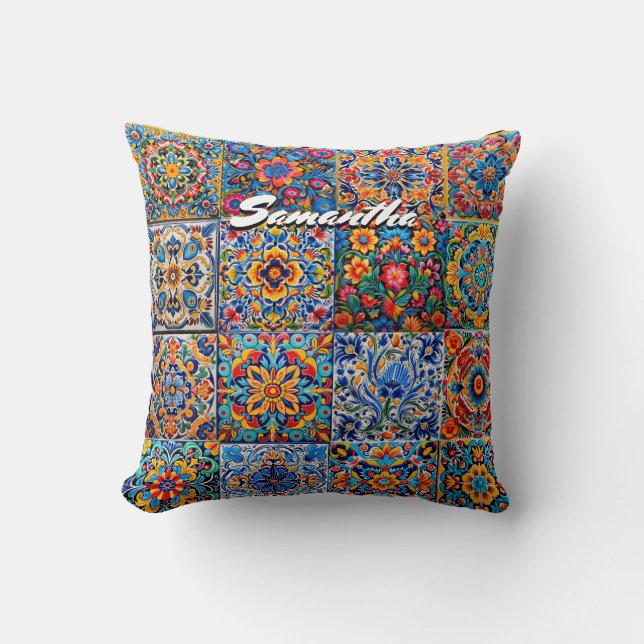 Elegant Mexican talavera red yellow tiles monogram Cushion (Front)