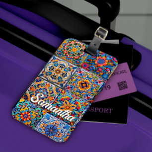 Elegant Mexican talavera red yellow tiles monogram Luggage Tag