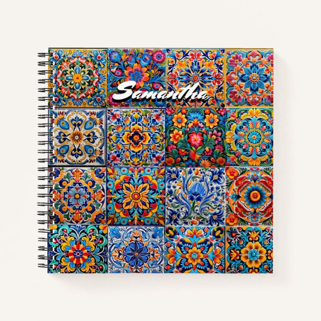 Elegant Mexican talavera red yellow tiles monogram Notebook (Front)