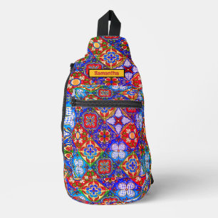 Elegant Mexican talavera red yellow tiles monogram Sling Bag
