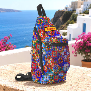 Elegant Mexican talavera red yellow tiles monogram Sling Bag